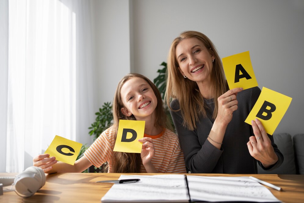 Madre e hija aprendiendo inglés